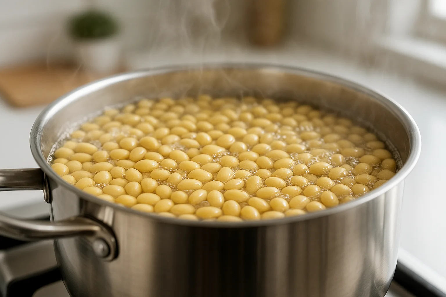 깨끗한 스테인리스 냄비 안에서 콩이 물과 함께 끓으며 부드럽게 조리되는 과정입니다.