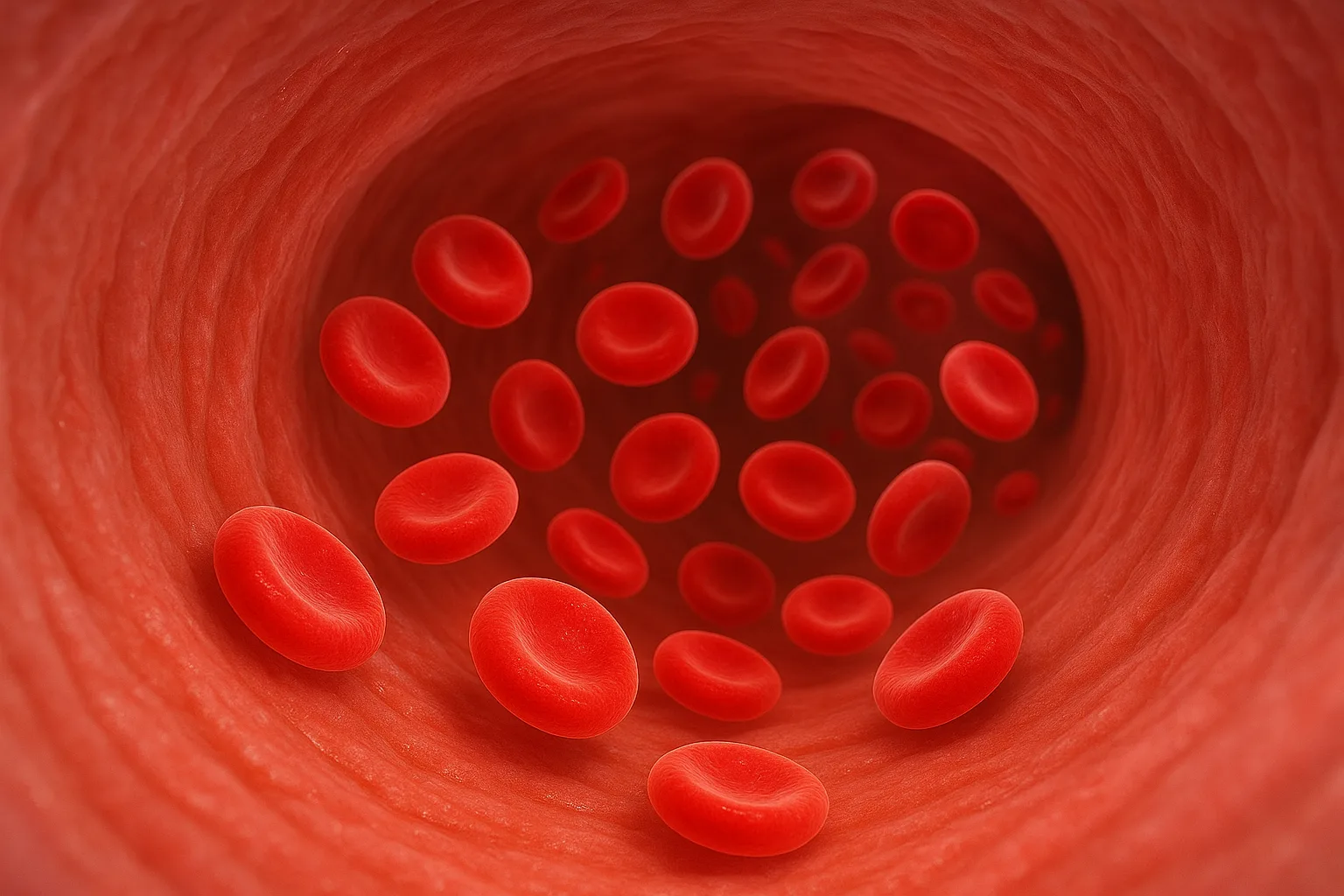 혈관 내부를 부드럽게 이동하는 적혈구와 깨끗한 혈관 벽의 모습을 표현한 의학 일러스트입니다.