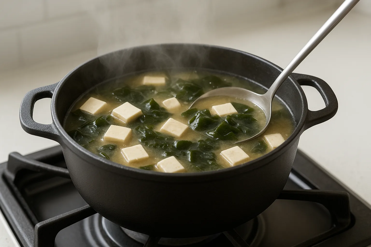 미네랄 균형을 맞추기 위해 두부와 미역을 냄비에 함께 끓이는 조리 과정입니다.
