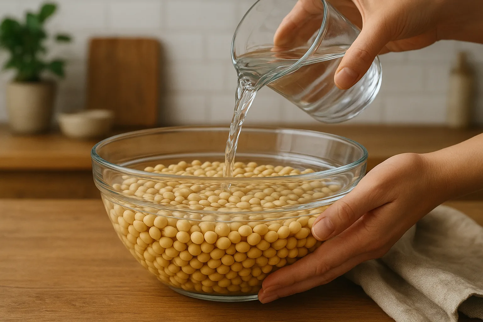 투명한 유리 볼에 물을 채워 말린 콩을 부드럽게 불리는 과정을 담은 모습입니다.