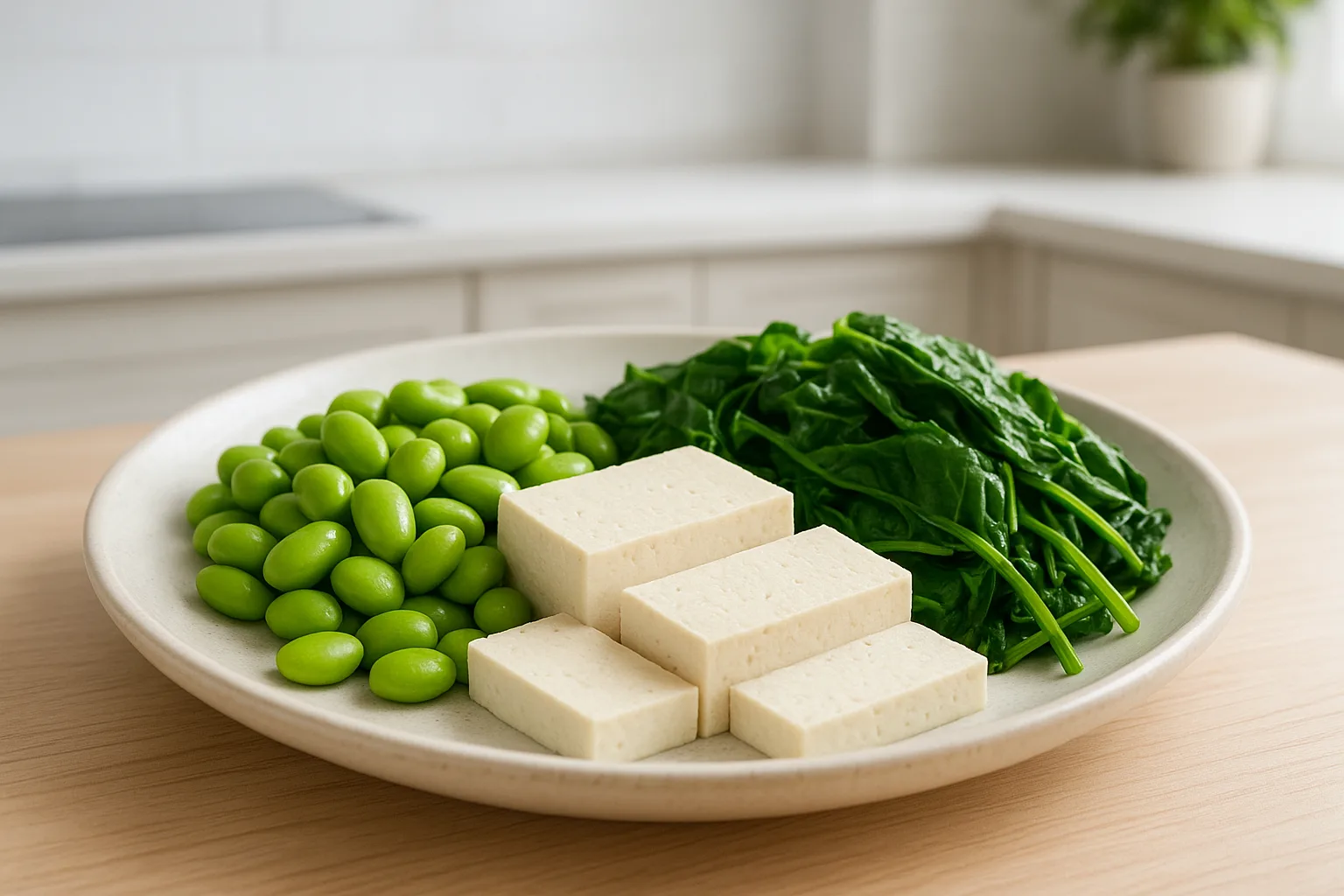 일상에서 쉽게 섭취할 수 있는 삶은 콩, 두부, 신선한 채소로 구성된 건강 식단입니다.