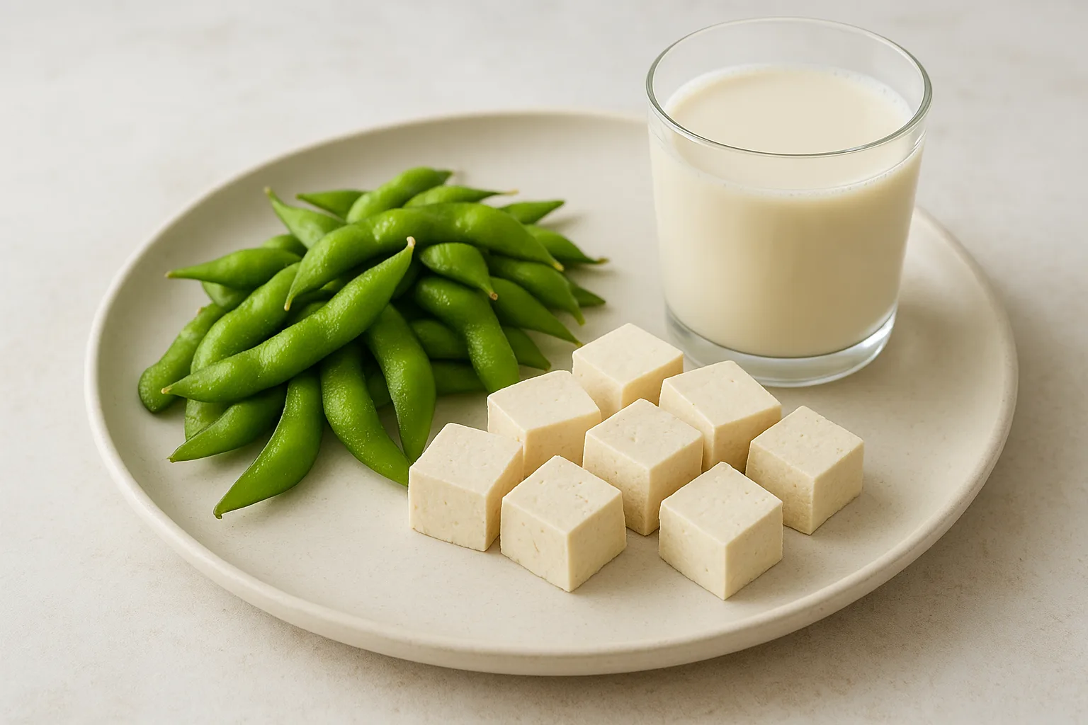 두부와 풋콩, 두유 등 다양한 콩 식품이 정갈하게 차려진 식단입니다.