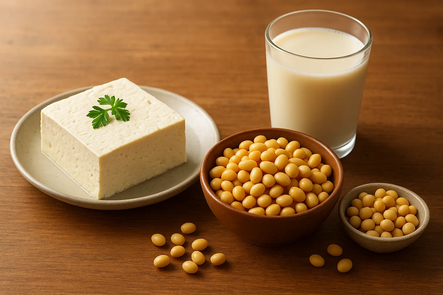 나무 테이블 위에 두부와 삶은 콩 등 다양한 건강 식단이 차려진 모습입니다.