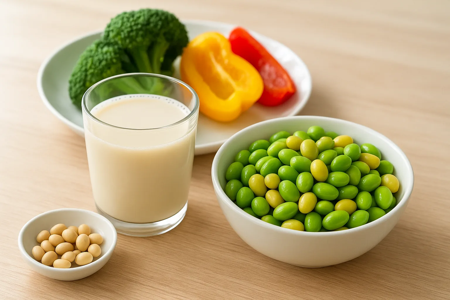 두유와 삶은 콩 요리가 신선한 채소와 함께 어우러져 영양소 흡수를 극대화한 균형 잡힌 식단입니다.