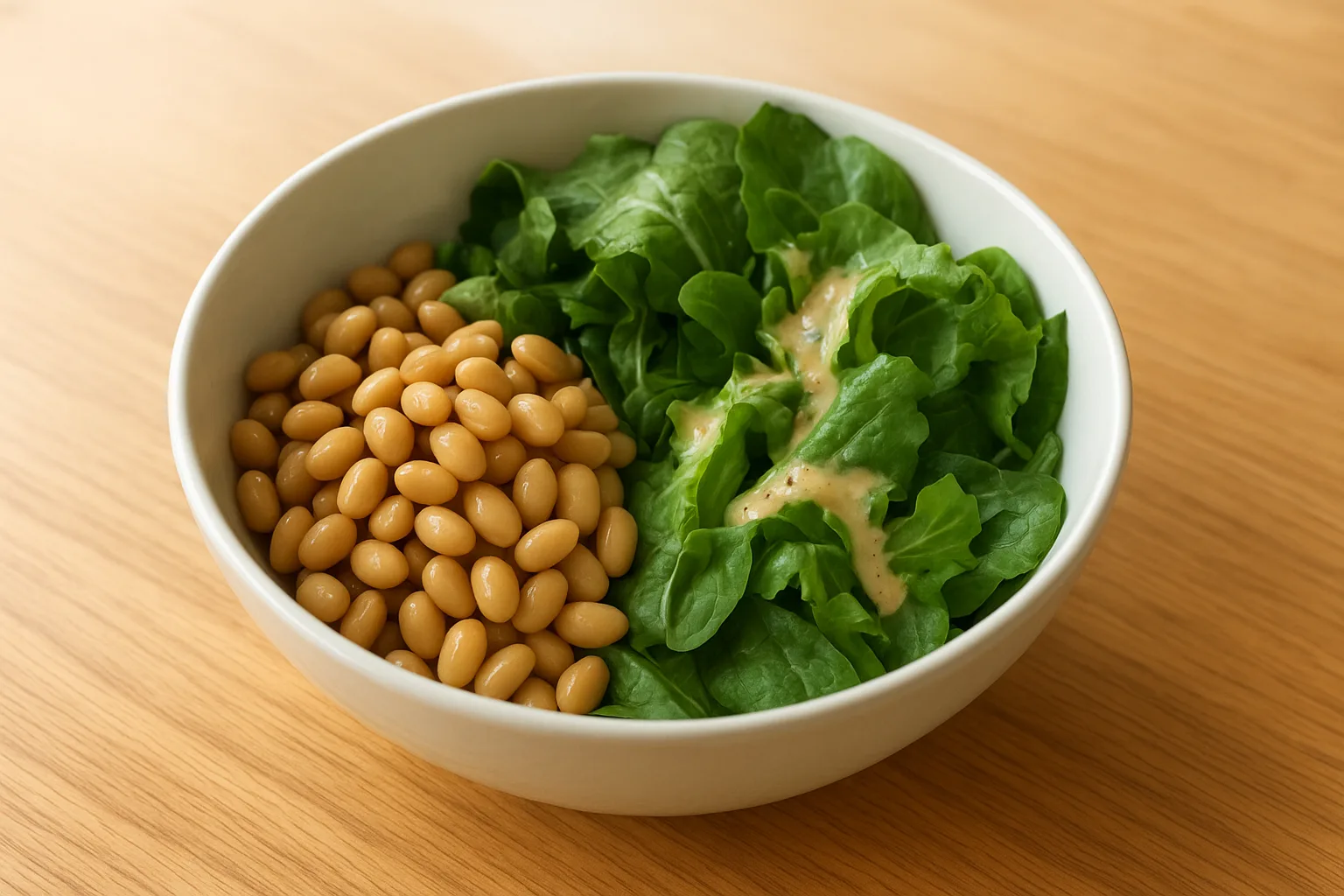 가볍게 삶은 대두와 신선한 푸른 채소가 어우러진 건강한 한 끼 샐러드 식단입니다.
