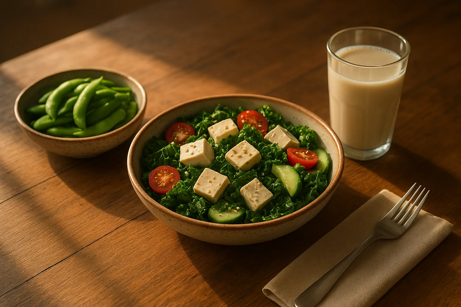 영양소가 풍부한 두유와 두부 등 콩을 활용해 차려낸 균형 잡힌 건강 식단입니다.