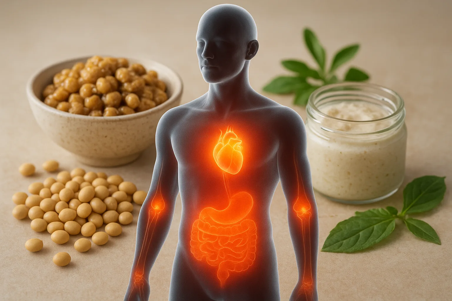 나또와 청국장이 긍정적인 영향을 미치는 주요 신체 부위를 요약한 인체 도해