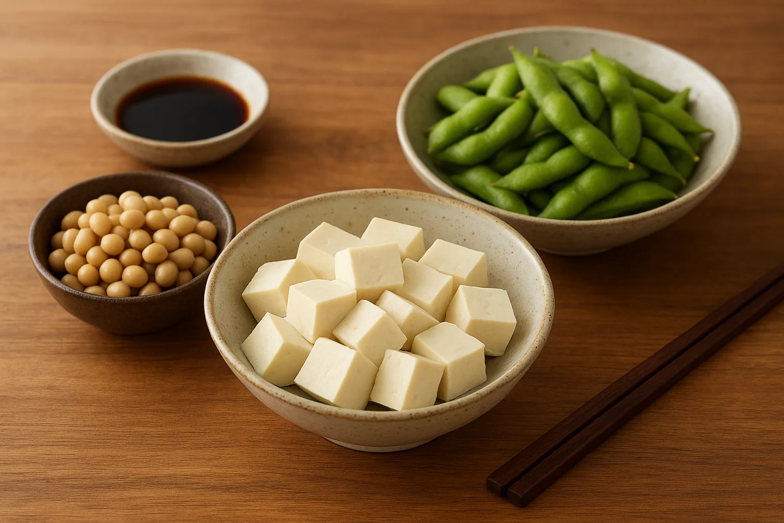 두부, 삶은 콩, 된장 등 다양한 콩 관련 식품이 차려진 건강하고 정갈한 밥상입니다.