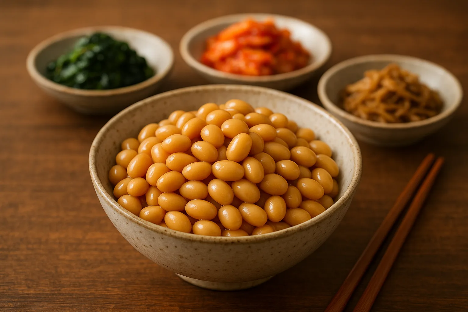 적절히 해동되어 윤기가 흐르는 삶은 콩이 도자기 그릇에 정갈하게 담겨 있는 따뜻한 식탁 풍경입니다.