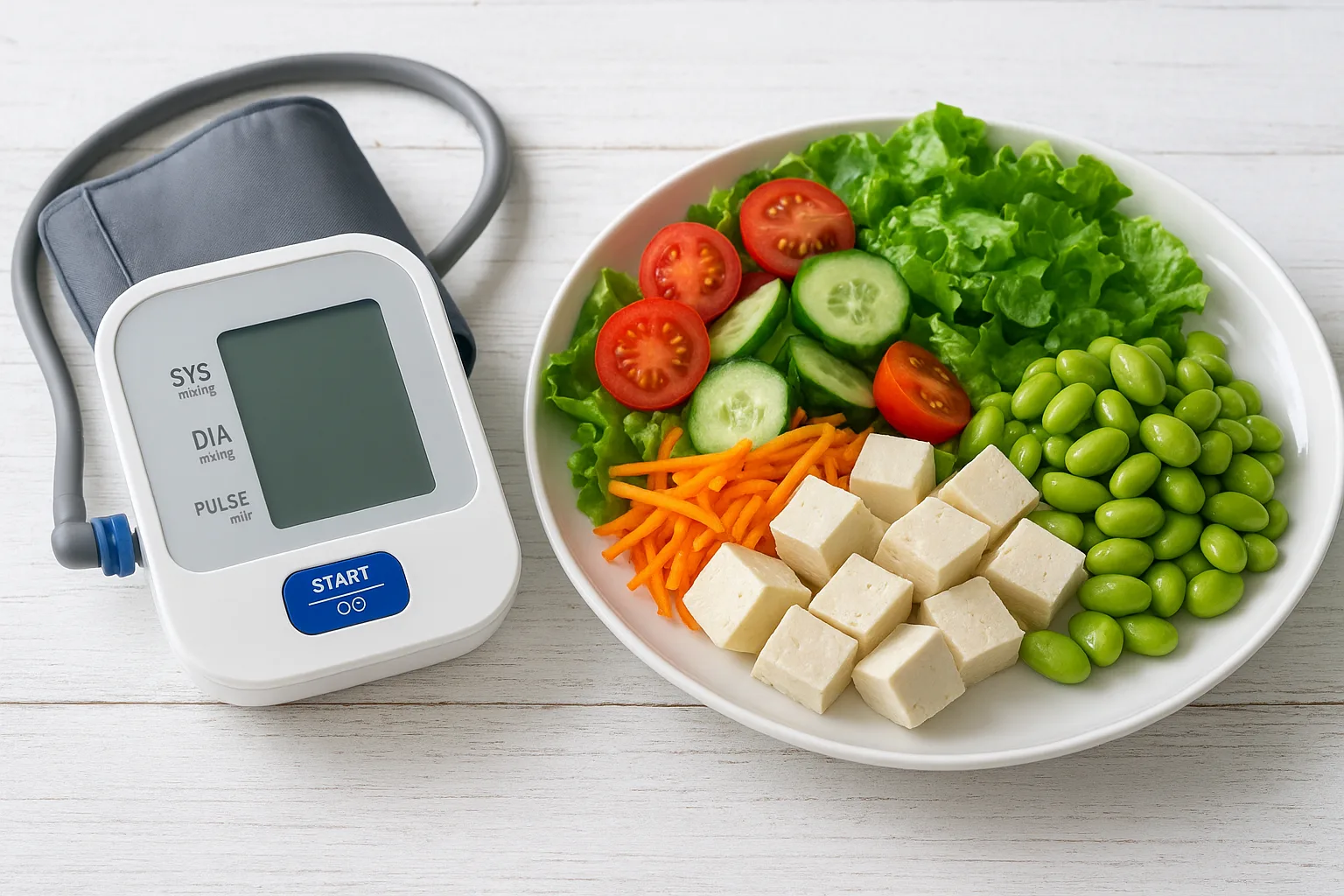 혈압계와 콩을 활용한 저염 식단이 깔끔하게 차려진 식탁의 모습입니다.