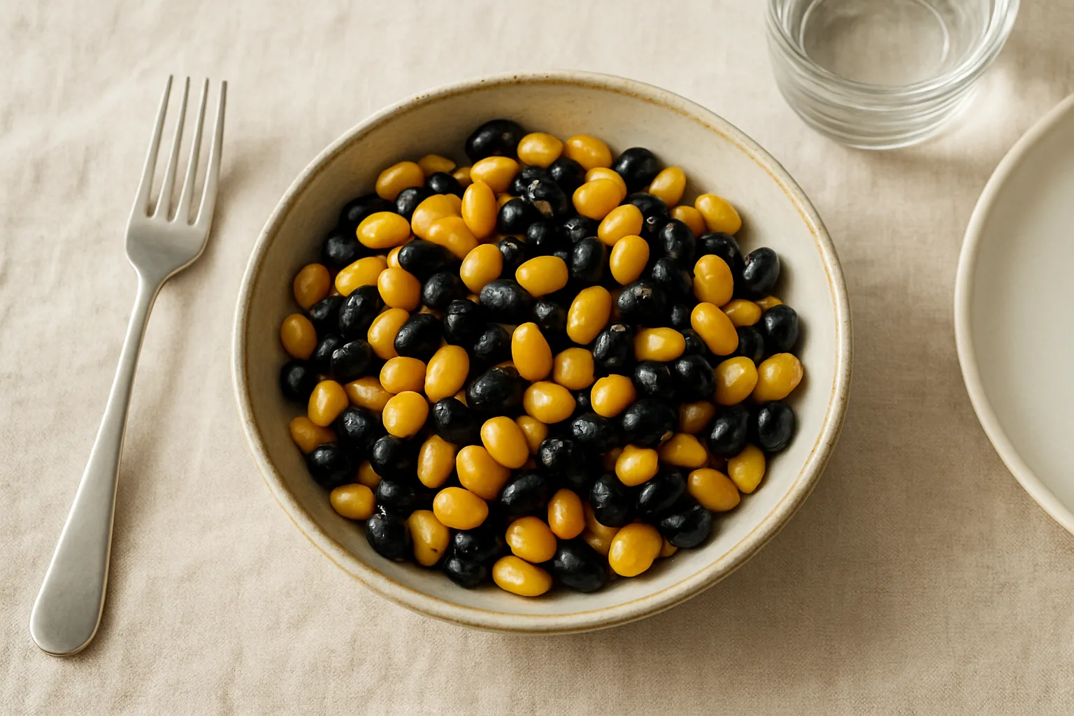 따뜻하게 조리된 대두와 검은콩이 섞인 영양가 높은 식단이 도자기 그릇에 정갈하게 담겨 있습니다.