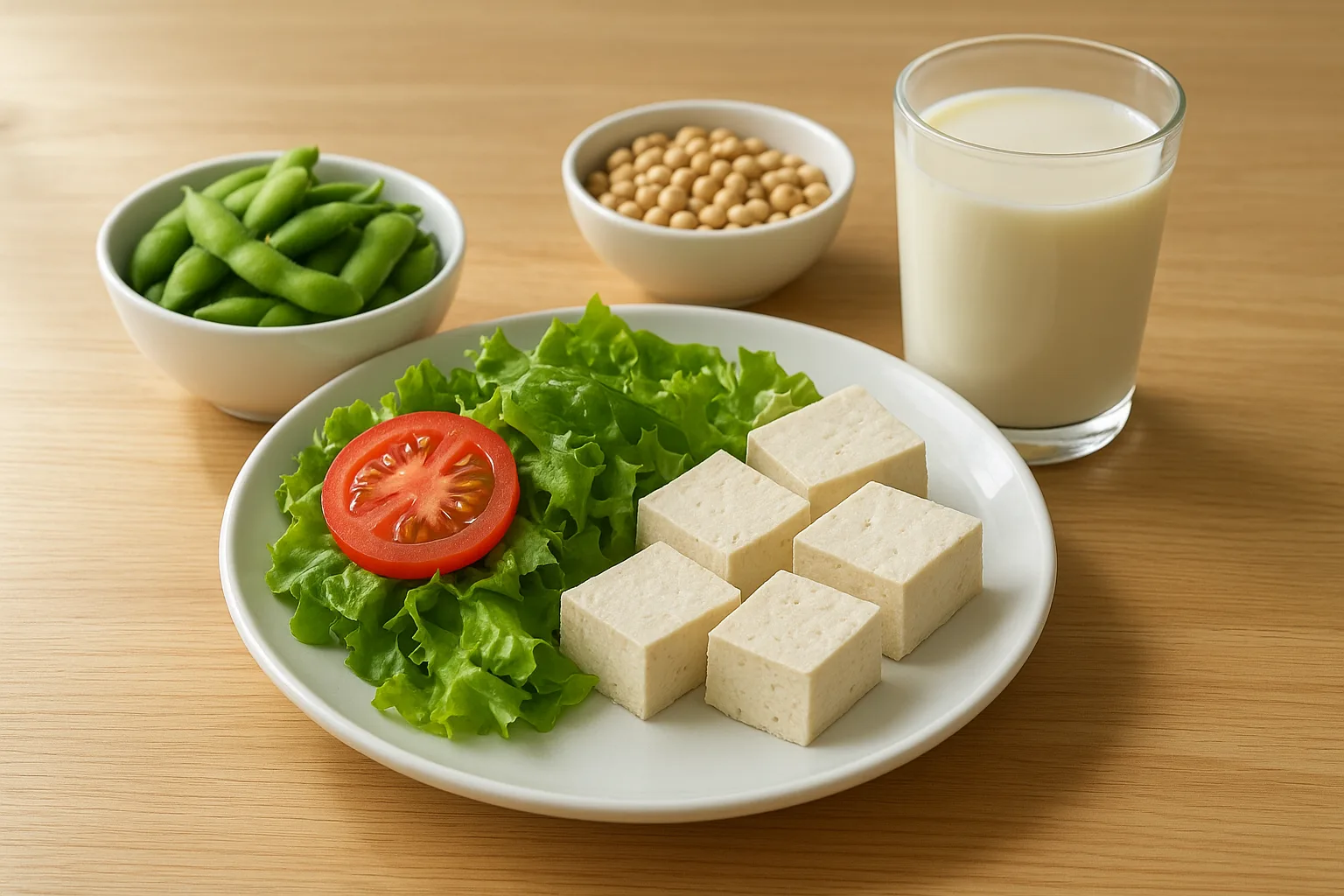 두부와 풋콩 등 간 건강 관리에 도움을 줄 수 있는 건강하고 균형 잡힌 식단 구성입니다.