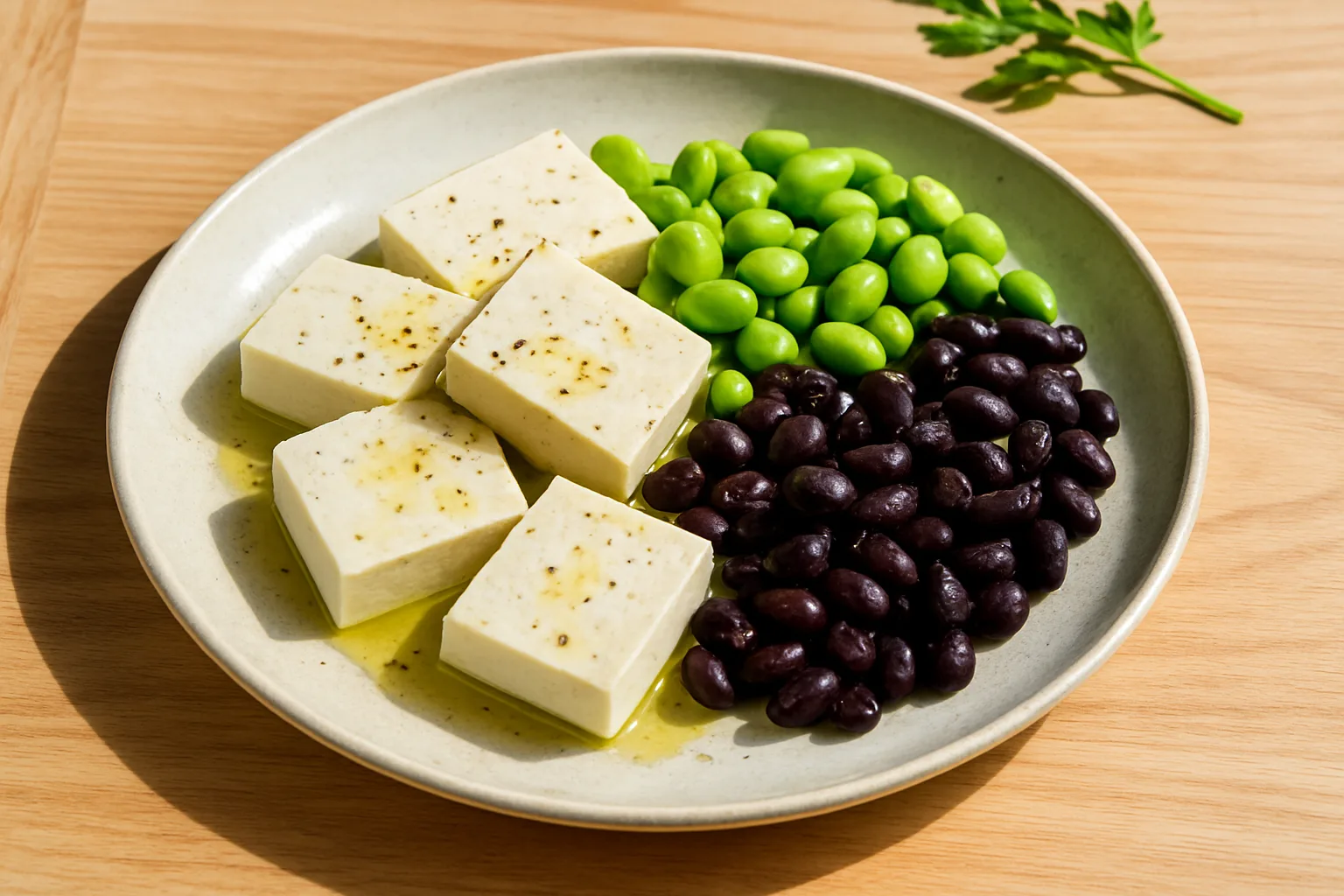 두부와 다양한 콩이 포함된 건강한 식단으로 콜레스테롤을 관리하는 밥상 모습입니다.