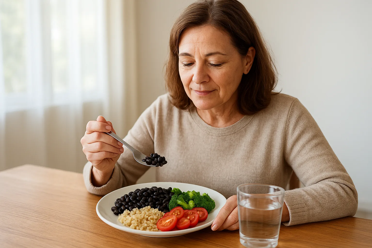 중년 여성이 균형 잡힌 식단을 즐기며 갱년기를 활기차게 관리하는 모습입니다.