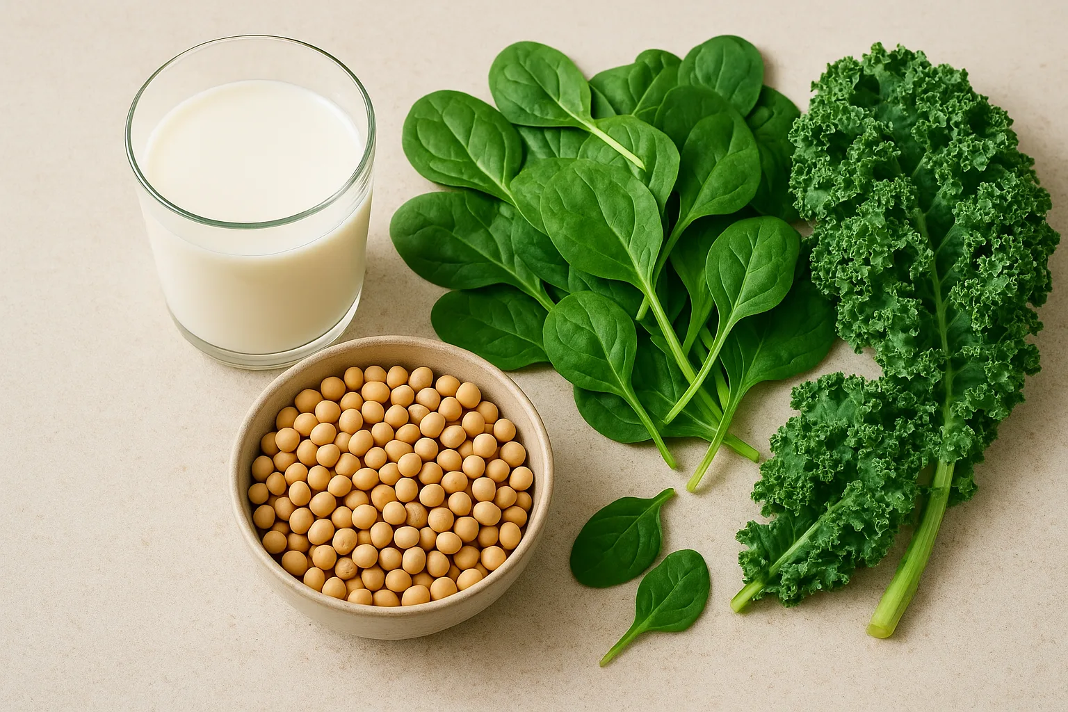 두유 한 잔과 혼합 콩류 그리고 시금치와 케일 등 녹황색 채소가 주방 조리대 위에 정갈하게 놓여 있습니다.