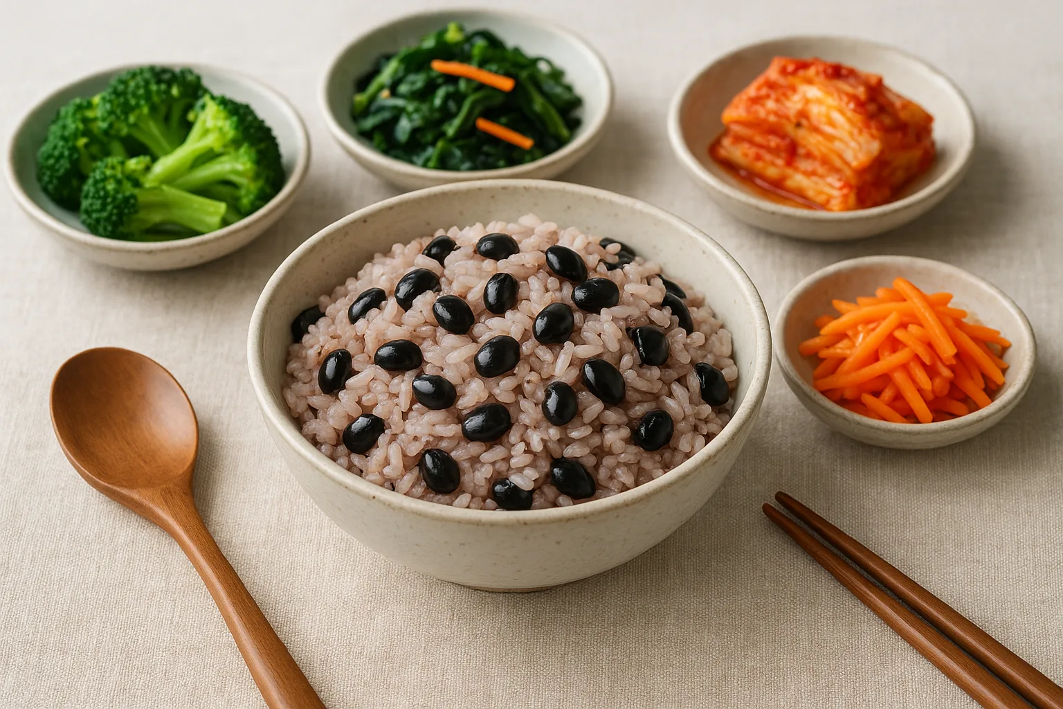 검은콩이 듬뿍 들어간 잡곡밥과 채소 반찬으로 구성된 건강한 식단입니다.