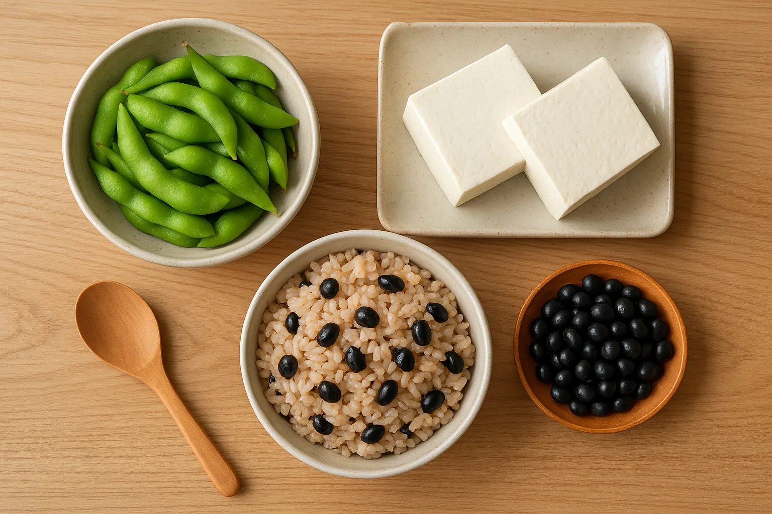 혈압과 콜레스테롤 관리에 도움을 줄 수 있는 두부, 콩밥, 삶은 콩으로 구성된 건강하고 정갈한 상차림입니다.