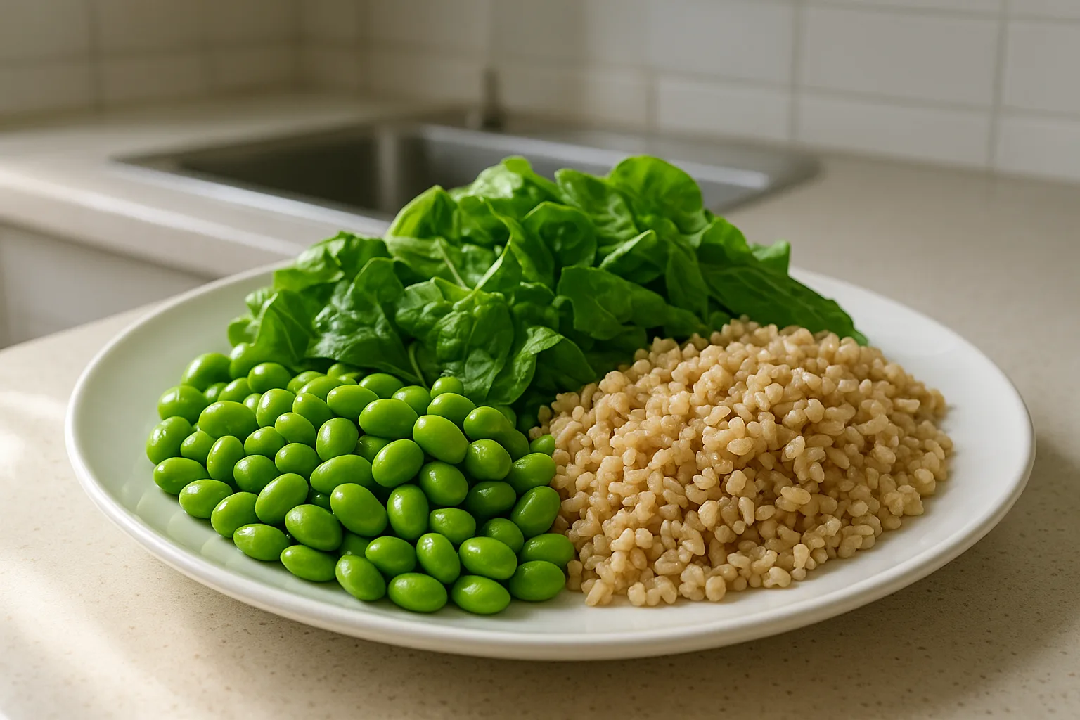 부드럽게 조리된 콩과 신선한 채소가 포함된 균형 잡힌 건강 식단입니다.