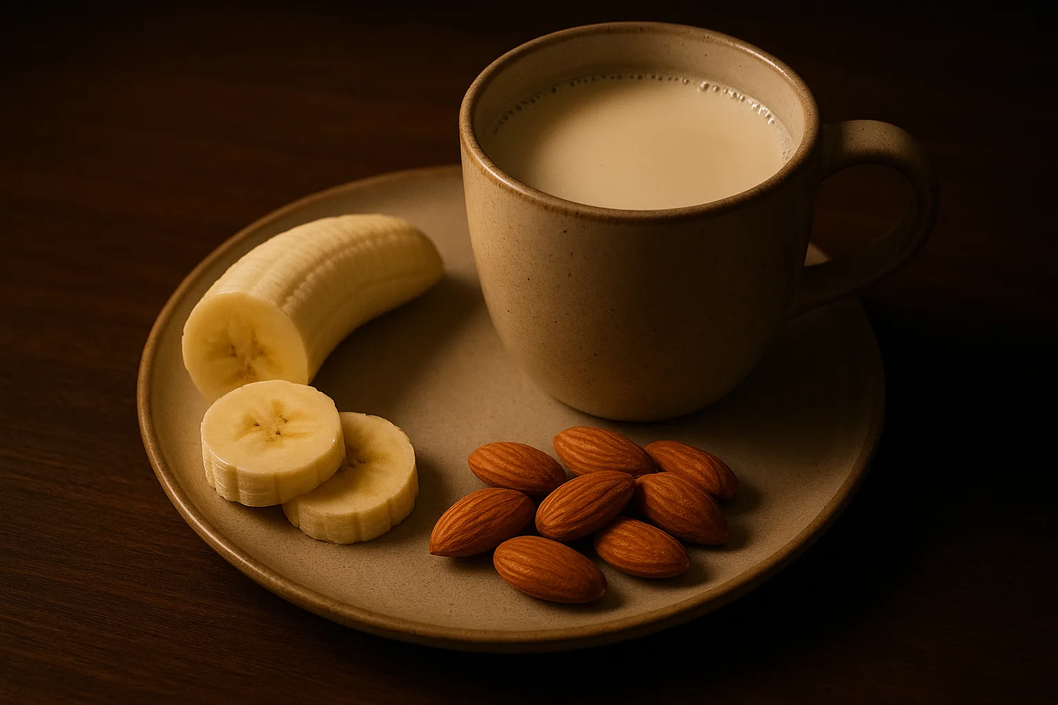 수면 건강에 도움을 줄 수 있는 따뜻한 두유 한 잔과 바나나, 소량의 아몬드가 정갈하게 차려져 있습니다.