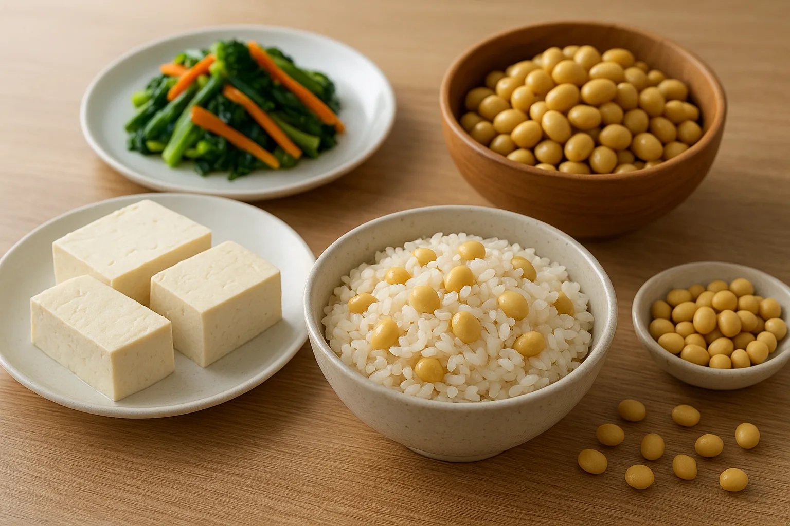 두부와 삶은 콩 등 혈관 건강에 좋은 식물성 단백질 요리들이 정갈하게 차려진 식탁입니다.