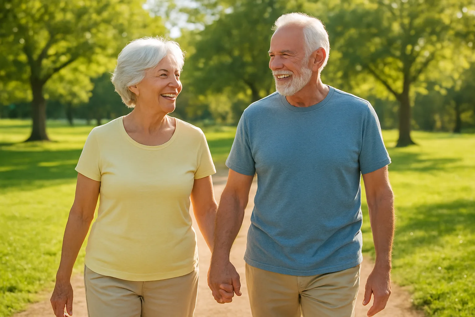 밝고 건강한 미소를 지으며 활기차게 야외를 걷고 있는 중장년 부부의 모습입니다.