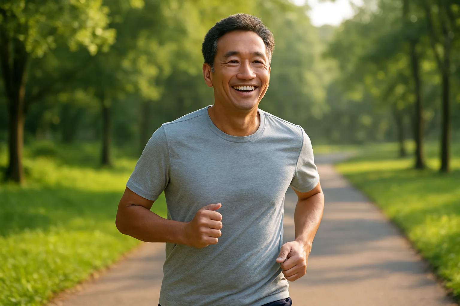 올바른 식단과 운동을 통해 전립선 건강을 유지하며 활력 있게 달리는 중년 남성.