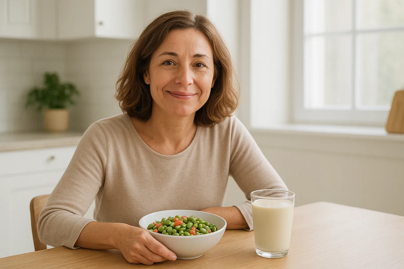 신선한 콩 요리가 포함된 식단을 섭취하며 일상 속에서 편안하게 장 건강을 관리하는 건강한 식탁의 모습입니다.