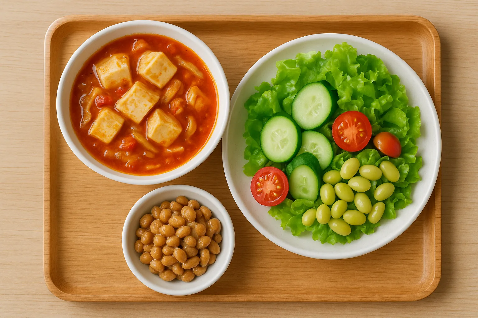 두부찌개와 나또 등 소화가 편한 콩 요리로 구성된 영양 만점 식단입니다.