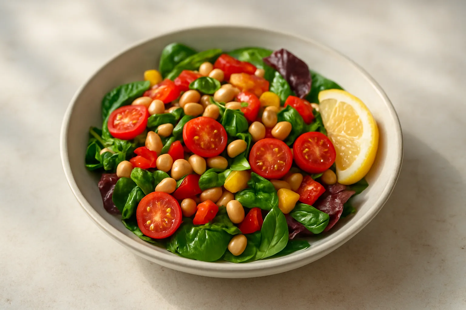 콩과 다양한 색상의 채소가 어우러진 건강한 식단이 차려진 정갈한 식탁입니다.