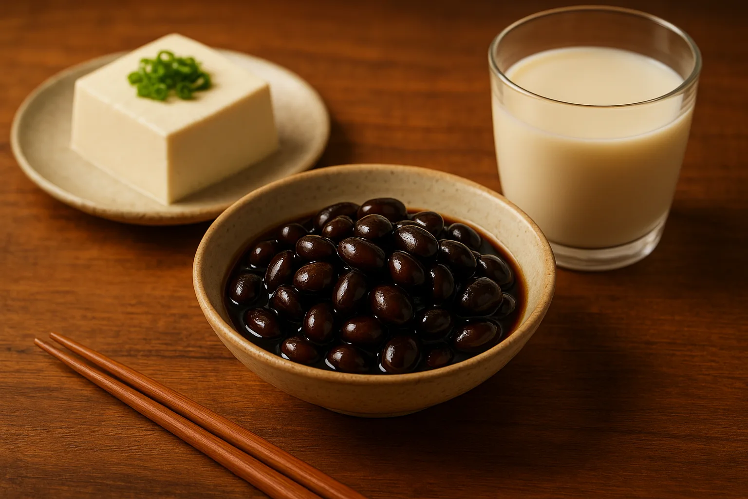 나무 식탁 위에 부드러운 콩 조림과 두부 요리가 정갈하게 차려진 건강한 밥상입니다.