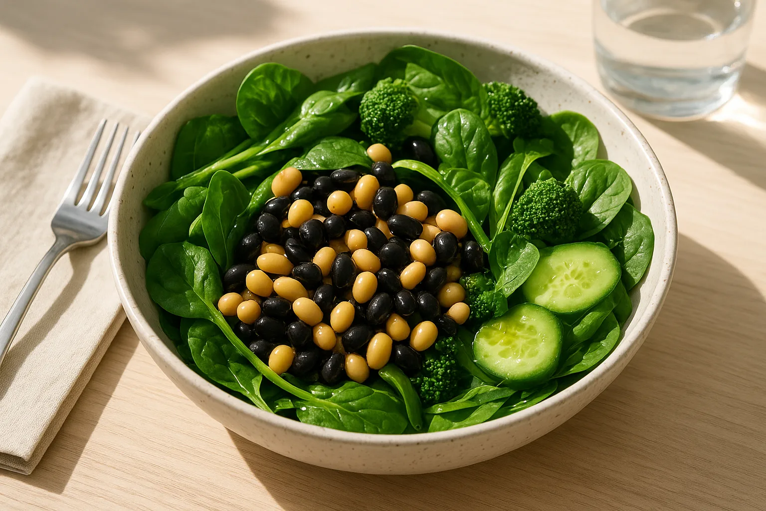 차갑게 보관하여 저항성 전분 함량이 높아진 콩과 신선한 녹황색 채소를 곁들인 건강한 샐러드 식단입니다.