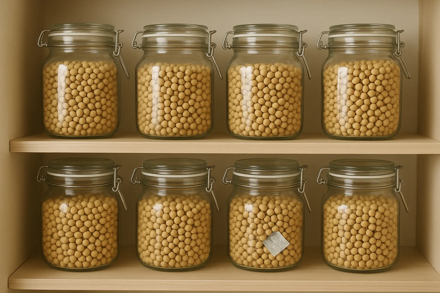 산소 차단을 위해 밀폐용 유리병에 담긴 대두들이 서늘하고 어두운 찬장 속에 깔끔하게 정돈되어 있습니다.