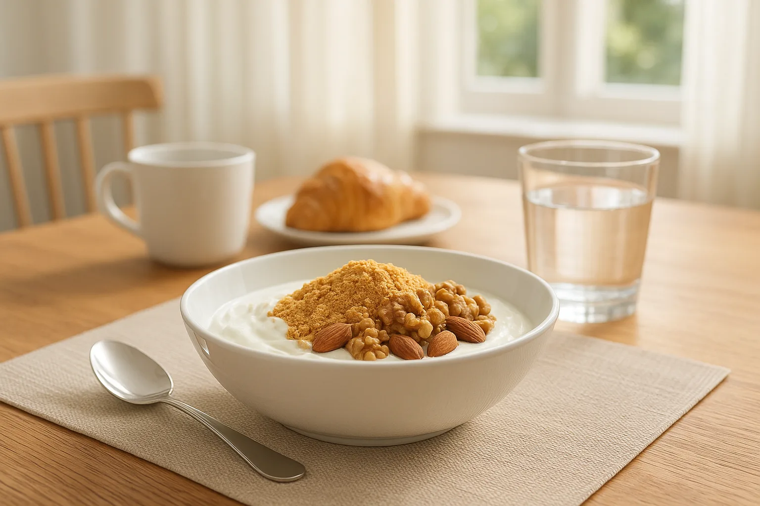 아침 햇살이 드는 식탁에서 견과류와 콩가루를 올린 요거트를 즐기는 건강한 상차림입니다.