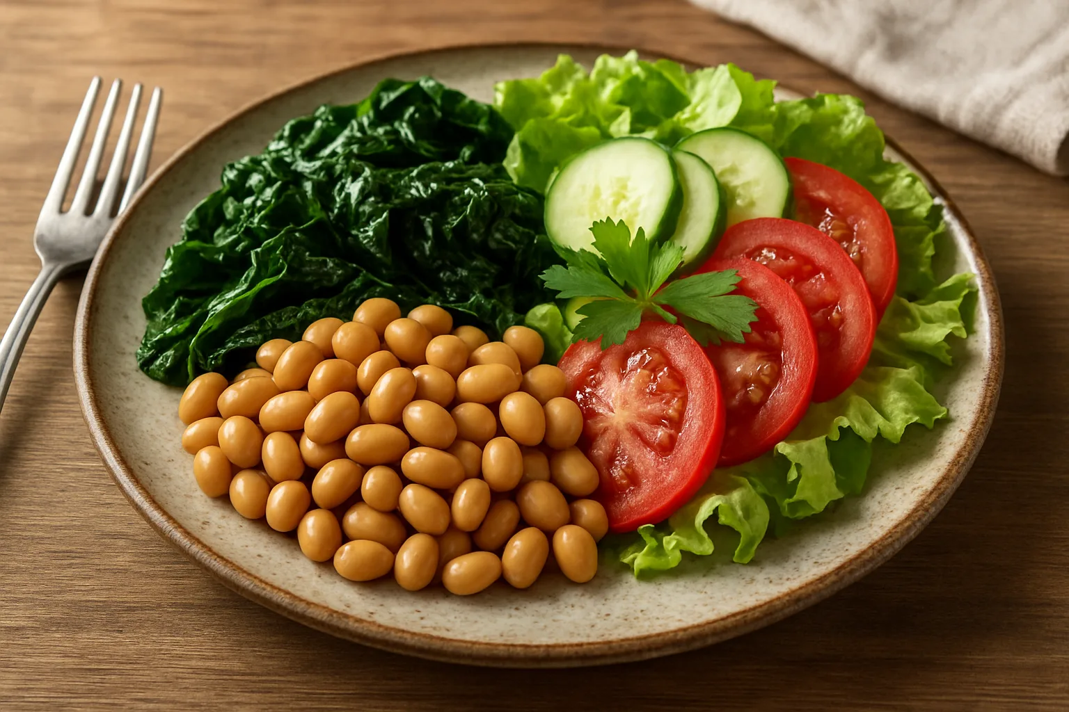 신선한 채소와 삶은 콩이 조화롭게 어우러진 건강하고 균형 잡힌 식단 구성입니다.