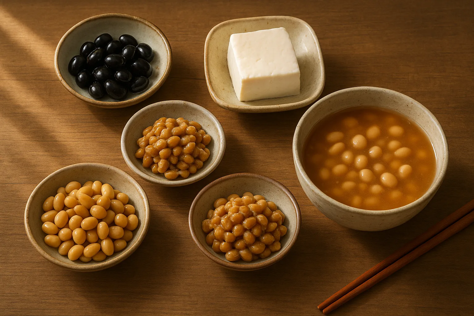 삶은 콩, 두부, 낫토 등 소화가 잘되는 조리된 콩 요리들이 정갈하게 차려진 식탁입니다.