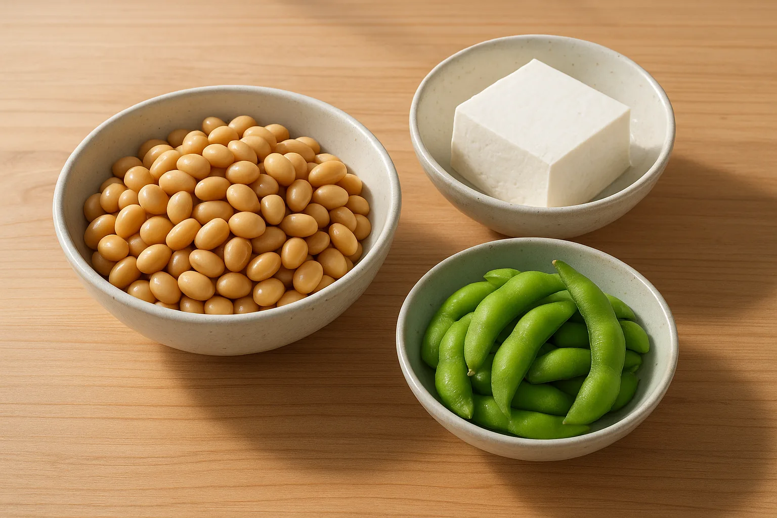 나무 식탁 위에 삶은 콩과 신선한 두부 요리가 정갈하게 차려진 식단입니다.