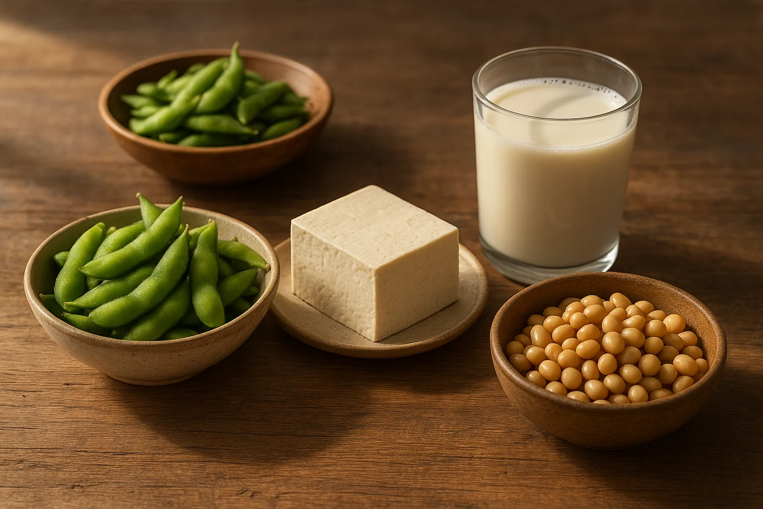 두부와 무가당 두유 그리고 신선한 풋콩 등 건강한 식물성 단백질 식단이 정갈하게 차려진 식탁
