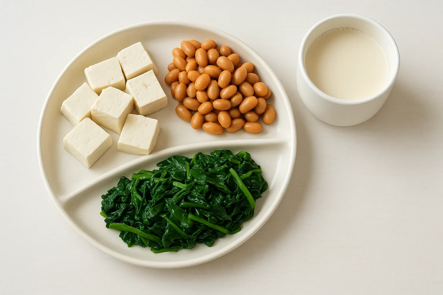 부드러운 연두부와 삶은 콩이 적절한 비율로 나뉘어 담긴 건강한 식단 구성입니다.