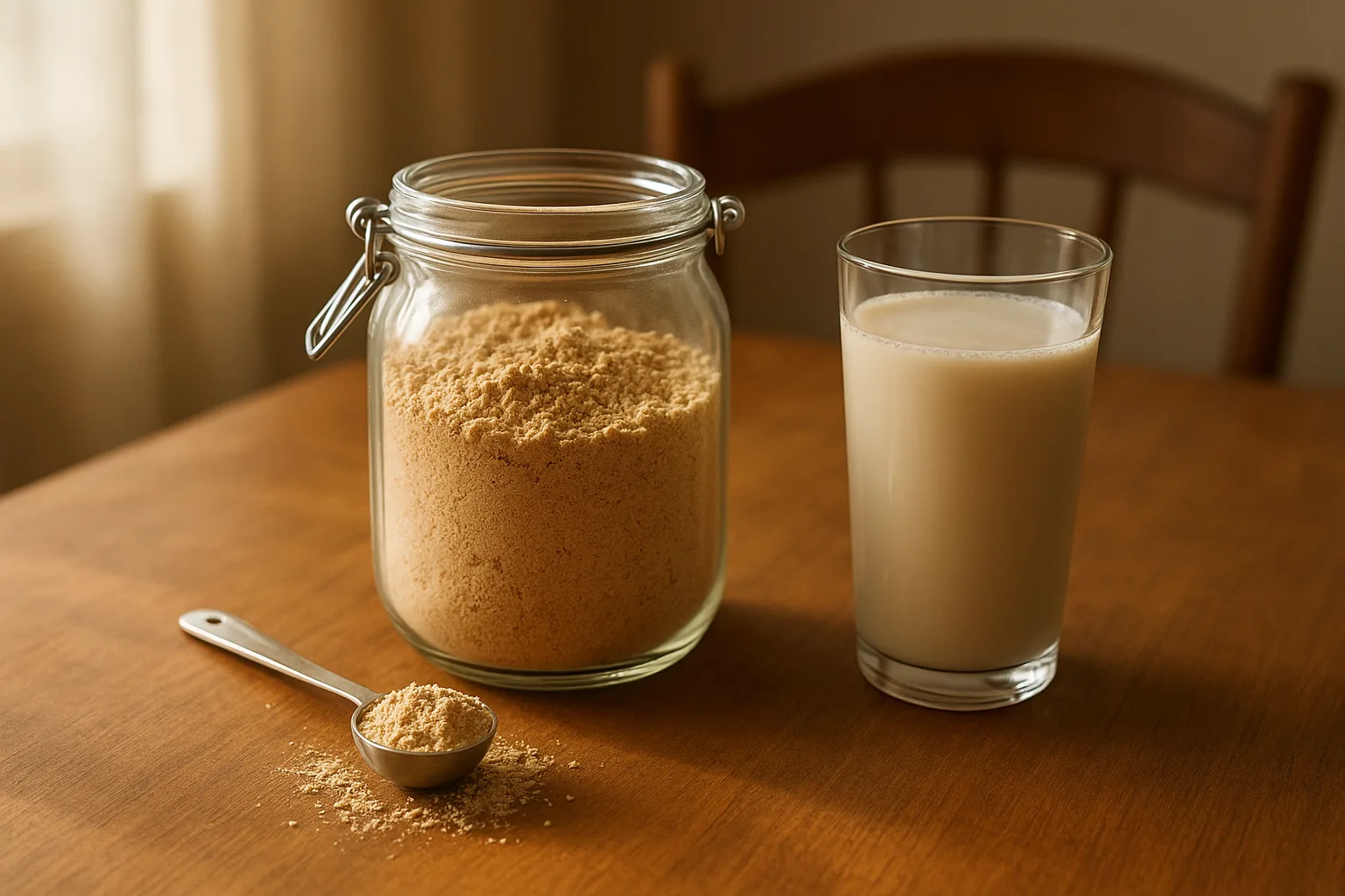 안전하게 밀폐된 유리 보관 용기와 계량 스푼, 그리고 먹음직스럽게 타놓은 콩가루 음료가 식탁에 배치되어 있습니다.