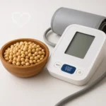 신선한 대두와 심혈관 건강을 상징하는 의료 소품들이 배치된 모습입니다.