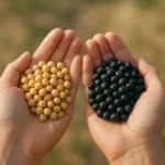 두 손에 각각 노란 대두와 검은콩을 가득 담아 직관적으로 비교하는 모습입니다.