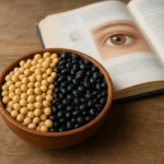 신선한 대두와 검은콩이 가득 담긴 나무 그릇 옆에 안구 건강에 관한 서적이 펼쳐져 있는 모습입니다.