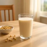 아침 햇살을 받으며 식탁에 놓여 있는 신선한 콩물 한 잔의 모습입니다.