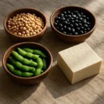 신선한 대두와 검은콩, 그리고 발효 콩류가 나무 그릇에 정갈하게 담겨 있는 자연 친화적인 구성입니다.