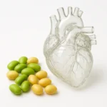 깨끗한 배경 위에 신선한 대두와 심장 모형이 함께 배치되어 콩의 심장 건강 보호 효능을 나타냅니다.