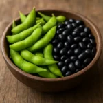 원목 테이블 위 나무 그릇에 신선한 대두와 검은콩이 정갈하게 담겨 있는 모습입니다.