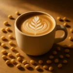 신선한 노란 콩이 주변에 놓여 있는 머그잔에 담긴 따뜻한 소이라떼.