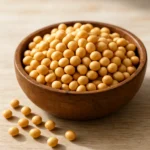 맑은 자연광 아래 나무 그릇에 가득 담긴 신선하고 건강한 대두의 모습입니다.