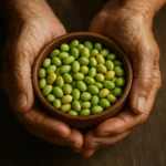 주름진 노인의 두 손이 신선한 콩이 담긴 그릇을 소중하게 감싸 쥐고 있는 모습입니다.