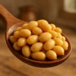 따뜻한 물에 적절히 불려져 통통해진 대두가 나무 숟가락에 가득 담겨 영양가 높은 식재료임을 보여줍니다.